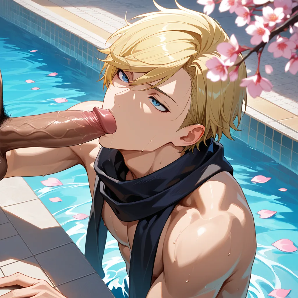 ultra detailed, male focus, poolside pose, blowjob, scarf, swept bangs, petals, detailed shading, hentai_studio_quality