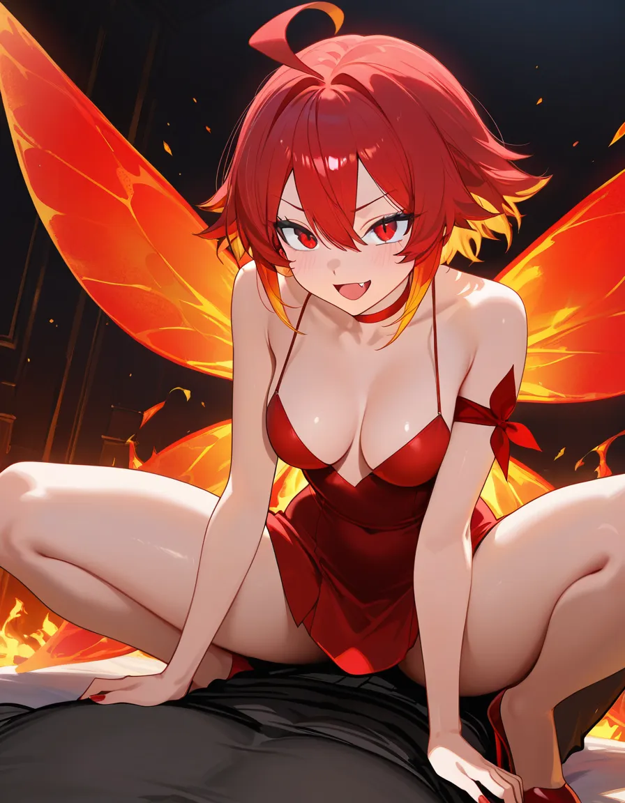 masterpicece, best quality, very detailed, beautiful, sharp, 1boy, 1girl, short_hair, red_eyes, ahoge, orange_hair, fang, red short dress with flame coloured leaf shaped edges, fairy wings, medium_breasts, red choker, red armband, red high_heels, bare legs, squatting cowgirl position, upright straddle, sex, ass, looking_back, penis, testicles, hentai_studio_quality