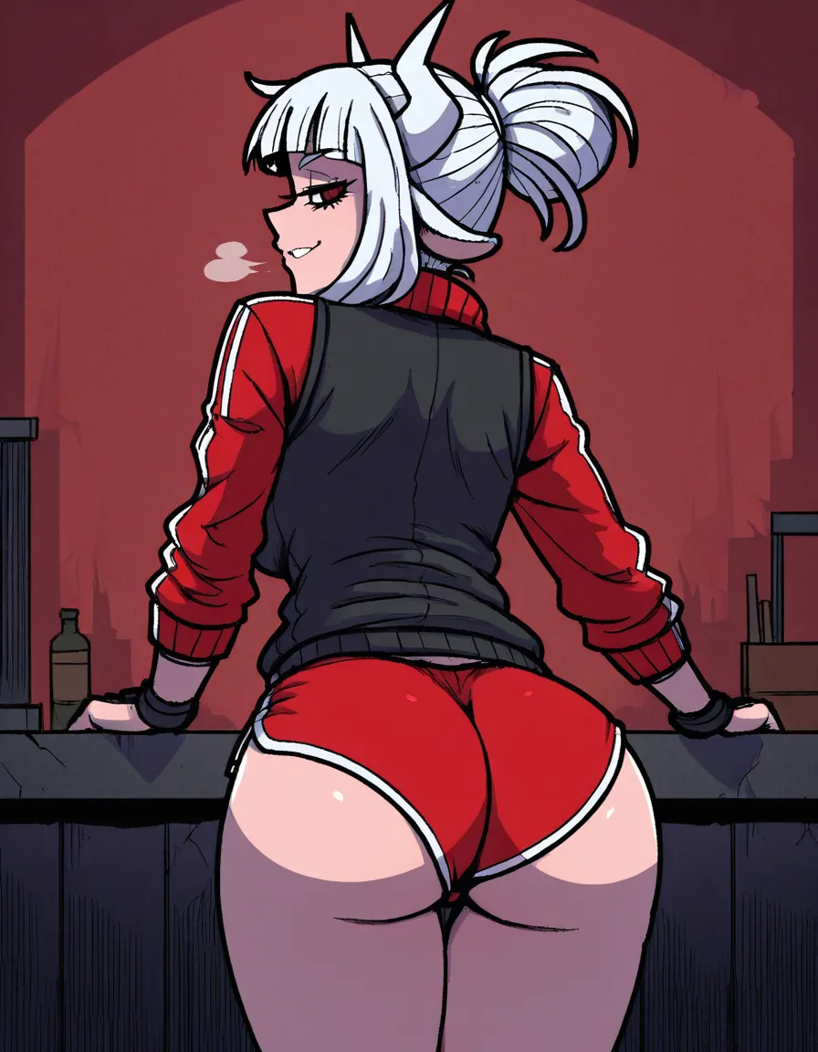 #akairiot_artstyle, @lucifer_(helltaker), helltaker, 1girl, solo, furry_female, goat_girl, ponytail, naughty_face, ass, dolphin_shorts, red_shorts, standing, full_body, looking_back, from_behind, hentai_studio_quality