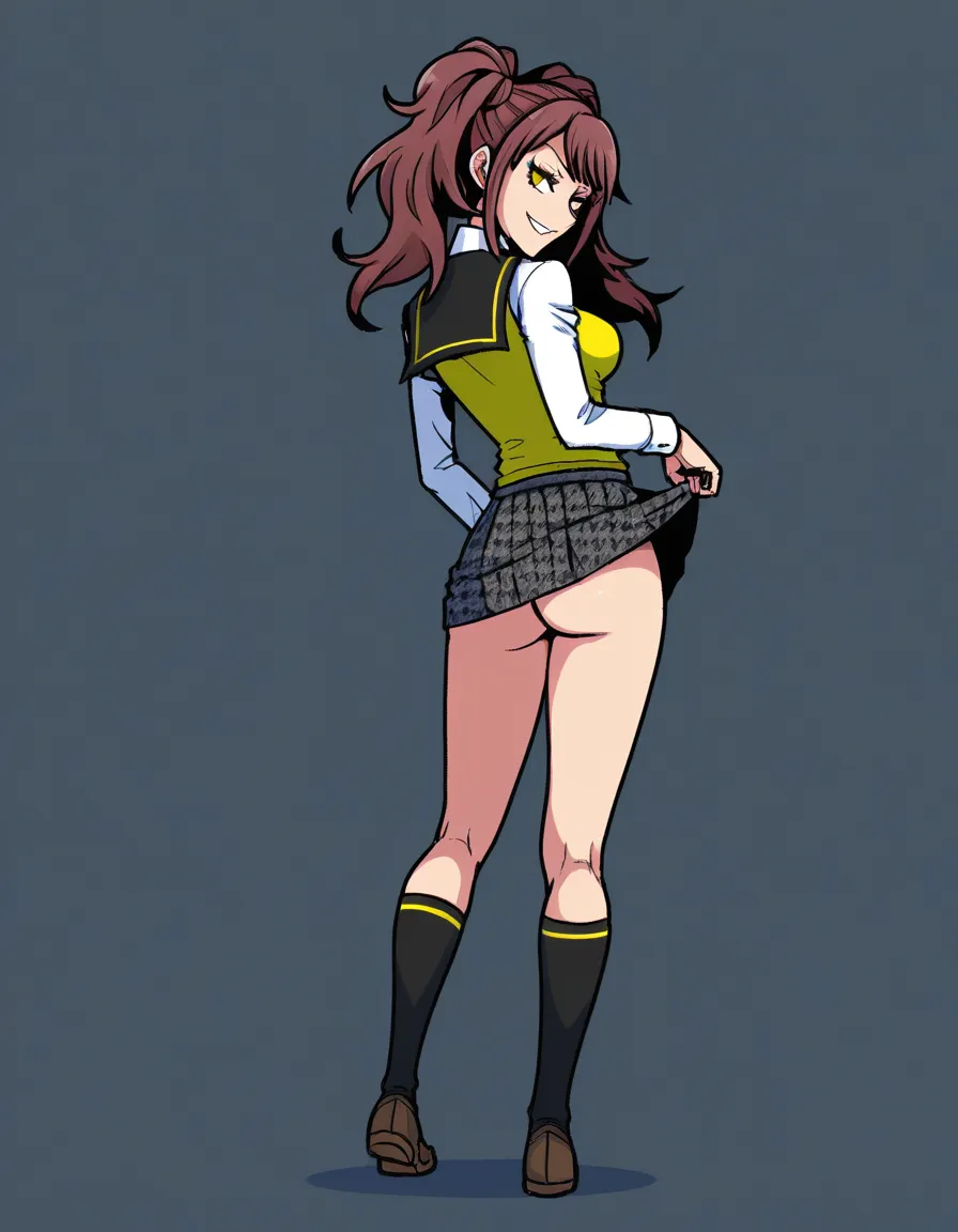 /masterpiece, /ultra_detailed, #akairiot_artstyle, @kujikawa_rise, @shadow_rise, persona, dark_persona, 1girl, solo, brown_hair, twintails, yellow_eyes, evil_smile, school_uniform, skirt, skirt_lift, ass, standing, full_body, looking_back, from_behind, hentai_studio_quality