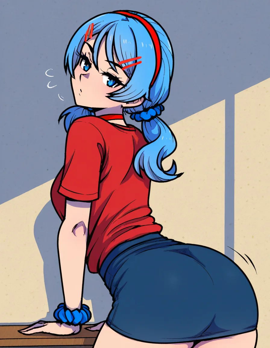 /masterpiece, /ultra_detailed, #akairiot_artstyle, @mita_(miside), miside, 1girl, solo, ass, blue_hair, twintails, low_twintails, red_hairband, red_hairclip, blue_scrunchie, red_shirt, blue_skirt, red_choker, blue_eyes, red_thighhighs, evil_smile, standing, skirt_lift, no_panties, full_body, looking_back, from_behind, hentai_studio_quality