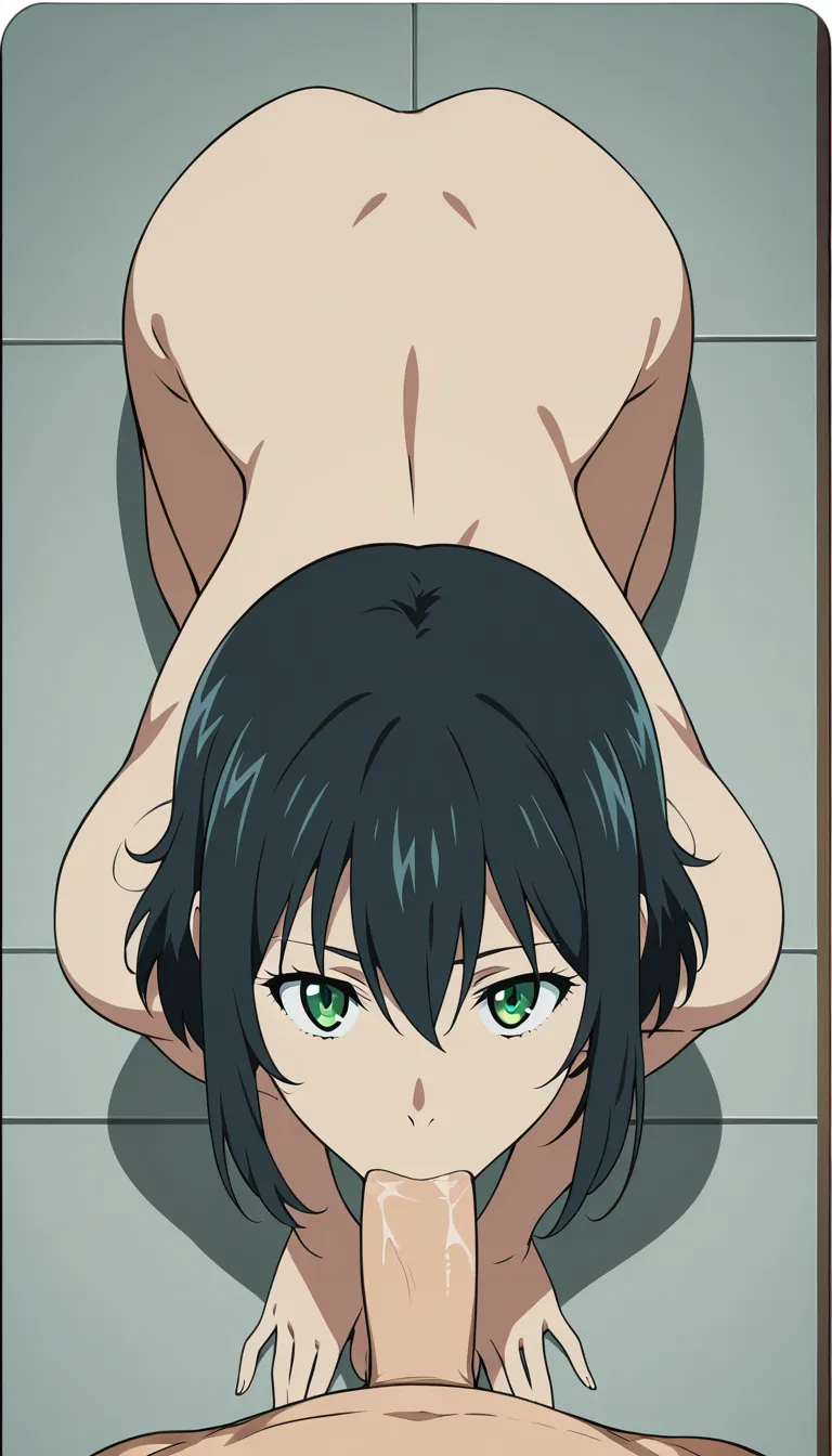 cinematic photo, 8k, black hair, green_eyes, nude, kneeling, looking_at_viewer, looking_up, fellatio, realistic, hd