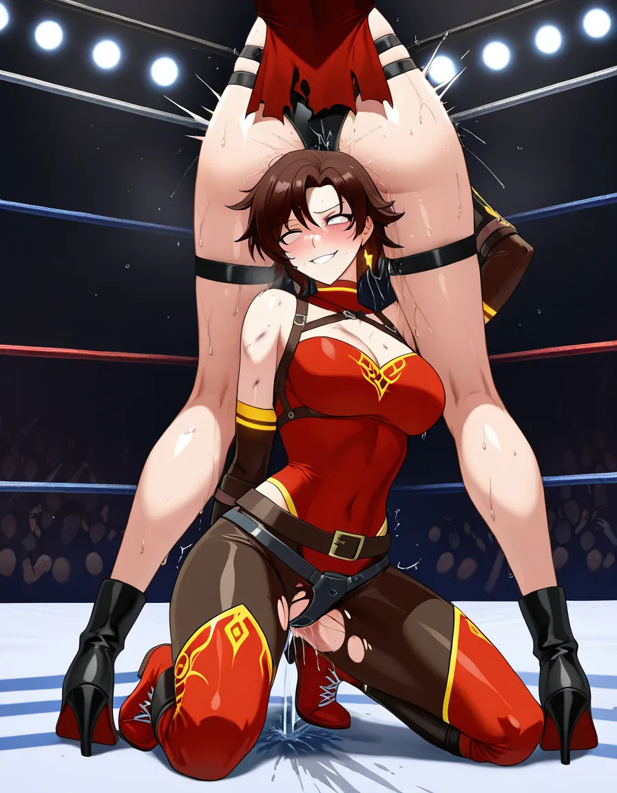 Cinder_fall_(rwby) , @sailor_jupiter_brown_hair  , 2girls yuri sex , wrestling_ring, wrestling orgasm pussy_juice, defeated, squirting , bruised, torn_clothes sweat from_side strap-on kneeling evil_smile grabbing_another's_head,,,, hentai_studio_quality, hentai_studio_quality, hentai_studio_quality, hentai_studio_quality