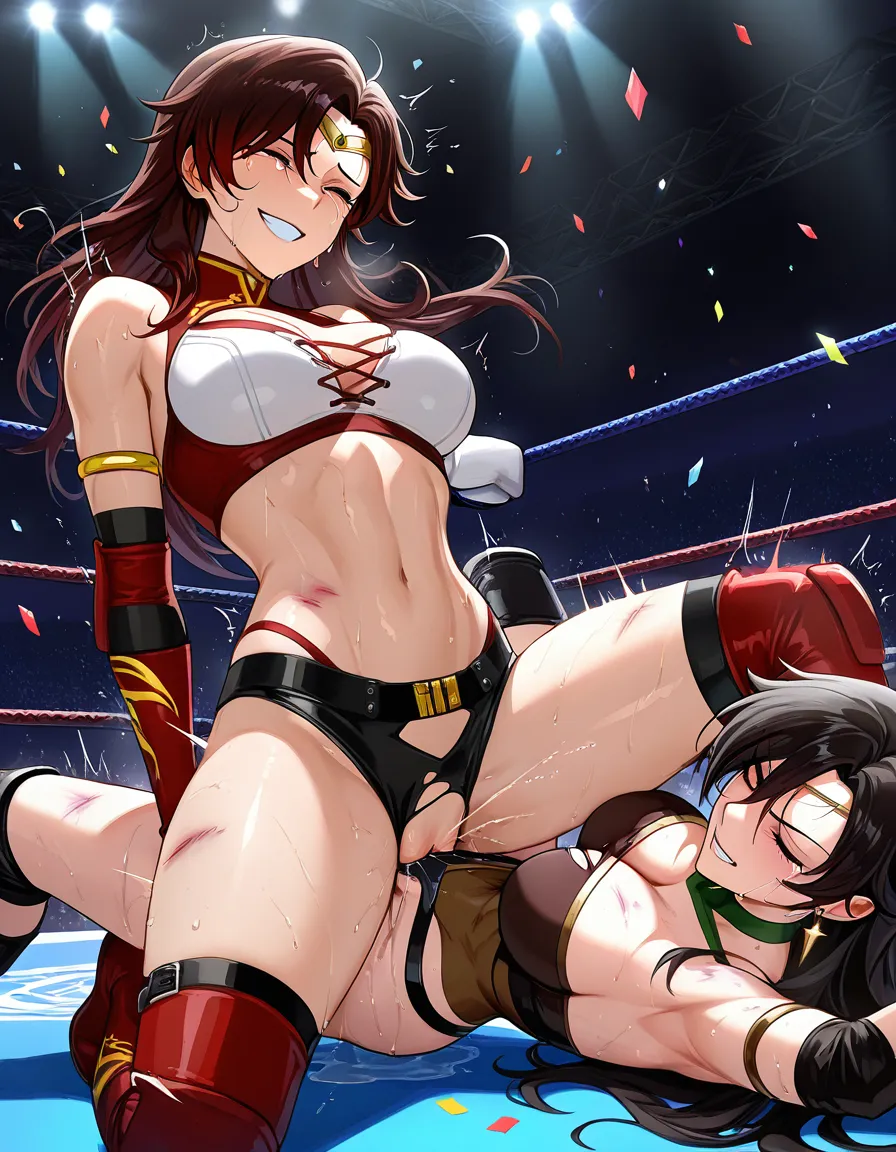 Cinder_fall_(rwby) , @sailor_jupiter crying , 2girls yuri sex , wrestling_ring, wrestling orgasm pussy_juice, defeated, squirting , bruised, torn_clothes sweat from_side strap-on evil_smile vaginal confetti,, hentai_studio_quality