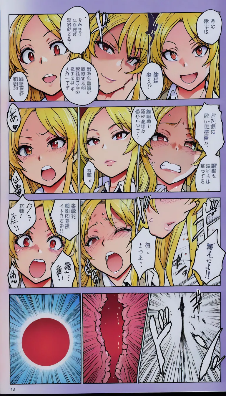 (masterpiece), (best quality), (ultra-detailed), rich colors, natural skin tones, manga page, multi-panel layout, small and perfectly executed panels, dynamic composition, art by Shiwasu no Okina, a beautiful blonde female teacher engaging in intense sex with three male students, repeated internal ejaculations (creampies); the men are clumsy at first, fondling her breasts, engaging in rear-entry sex; as it progresses, they become more assertive with each internal ejaculation, lifting her up during intercourse; by the end, she has an "ahegao" (ecstatic, dazed expression) and has completely succumbed to the men; she initiates sex in the missionary position, demanding it and kissing them; set on a mat laid out on a classroom floor, with desks and chairs pushed aside; includes Japanese sound effects and Japanese speech bubbles., hentai_studio_quality