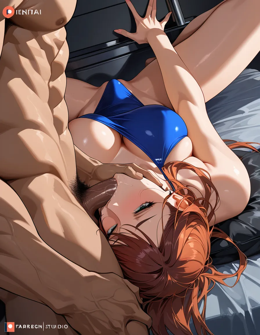 full_body, missionary, 2 men, fellatio, bulge, hentai_studio_quality