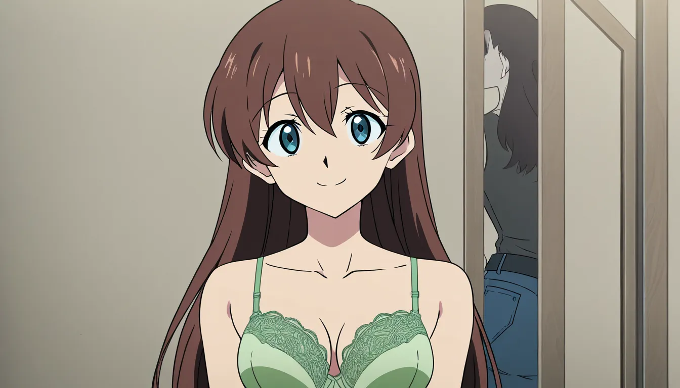 the woman wearing a sage green bra and jeans turns her back to her boyfriend and unclaps the sage green bra and wears a burbundy lace bra with a shy smile