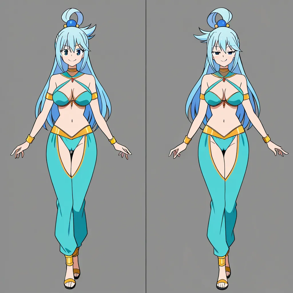 masterpiece,best quality,newest,absurdres,highres, aqua konosuba, full body dancer, sexy clothing , breast cameltoe, walking straight-on , smug smile , detailed lips, evil eyes, perfect eyes, messy hair style, arm at side, harem bedroom, bed,no shoes, dancing