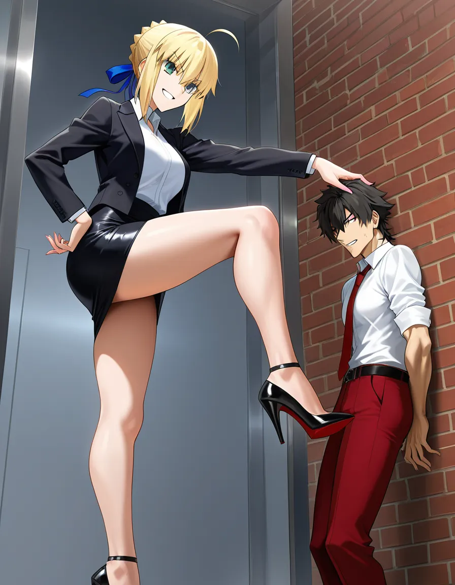 @saber_(fate), pencil_skirt,femdom, standing_on_one_leg, grin, high_heels, hentai_studio_quality, hentai_studio_quality