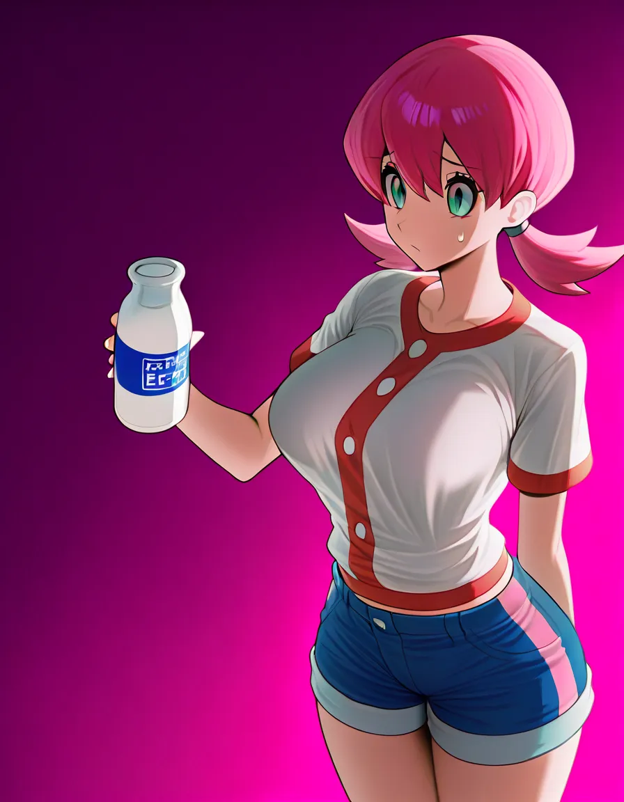 Pokemon series: Whitney, gym leader of the Goldenrod City gym in the Johto region- white buttoned shirt with pink vertical stripe, pink hair, blue short shorts, etc. She's in the outfit she normally wears in the series. Her face is nervous. Her shirt is unbuttoned, and she's holding empty milk bottles up to her bare breasts., (anime style:1.3), 2d, anime screencap, cel shading, flat color