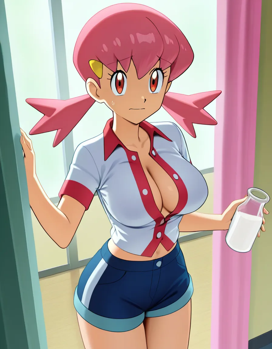 Pokemon series: Whitney, gym leader of the Goldenrod City gym in the Johto region- white buttoned shirt with pink vertical stripe, pink hair, blue short shorts, etc. She's in the outfit she normally wears in the series. Her face is nervous. She's holding empty milk bottles up to her breasts., (anime style:1.3), 2d, anime screencap, cel shading, flat color