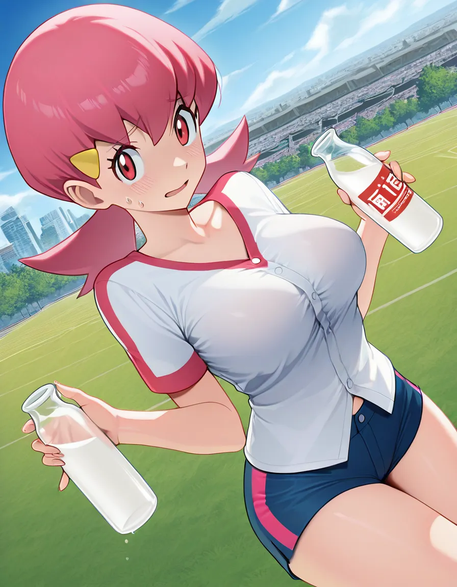 Pokemon series: Whitney, gym leader of the Goldenrod City gym in the Johto region- white buttoned shirt with pink vertical stripe, pink hair, blue short shorts, etc. She's in the outfit she normally wears in the series. Her face is nervous. She's holding empty milk bottles up to her breasts., hentai_studio_quality