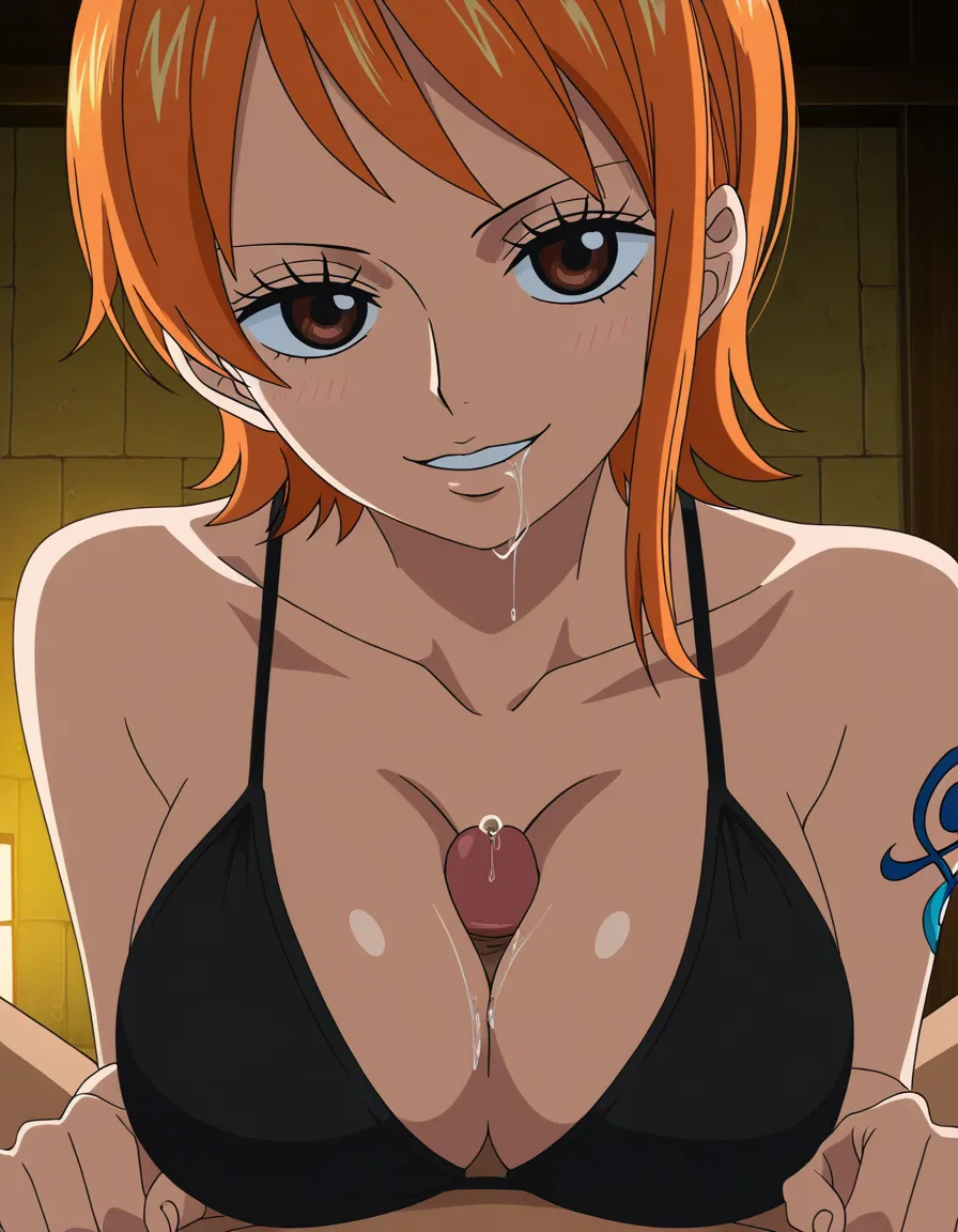 Nami paizuri with one piece manga style seductive_smile saliva, (anime style:1.3), 2d, anime screencap, cel shading, flat color, @00osamio00