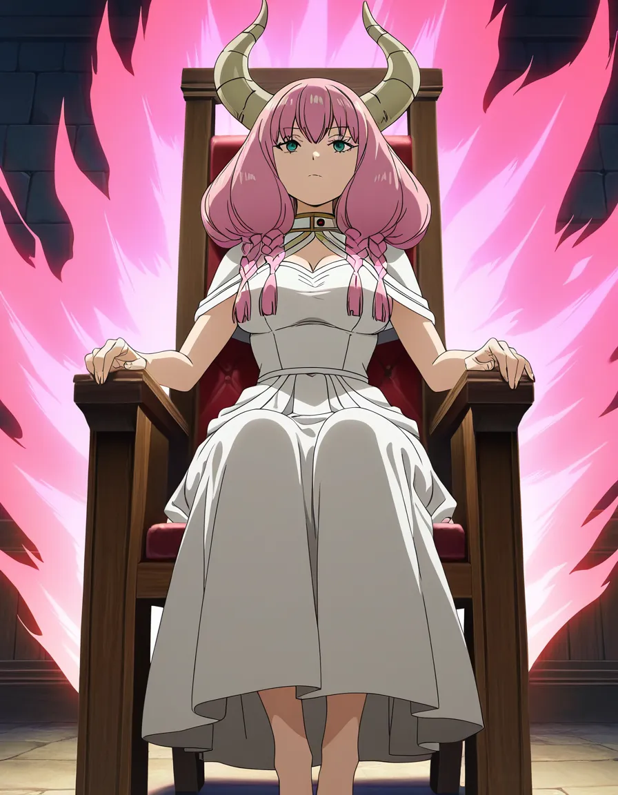 masterpiece, best quality, ultra-detailed, full-body shot, anime screencap, sousou_no_frieren, 1 woman, Aura (pink hair, two large horns on the left and right), sitting imperiously on a chair, hentai_studio_quality