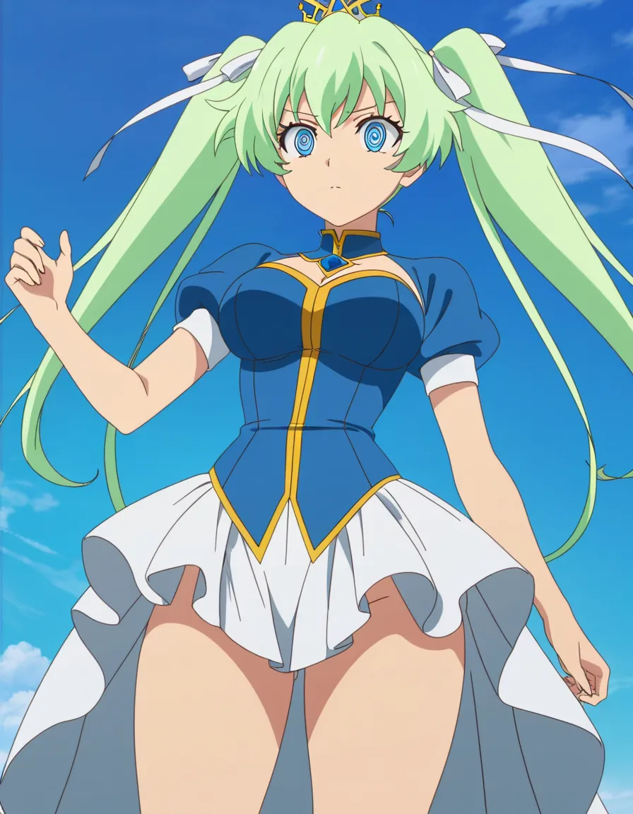 twintails, light_green_hair, princess, thunder_thighs, breasts_bigger_than_head, wide_hips, blue_eyes, upside_hair, hair_ribbon, eyelashes, blue_dress, white_skirt, skindentation, (anime style:1.3), 2d, anime screencap, cel shading, flat color, @00osamio00