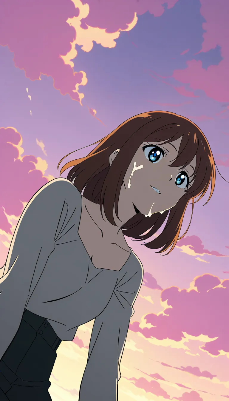 highly detailed, natural lighting, from below, brunette woman, cum on face, petite adult woman, cloudy sky, mysterious vibe, lifelike render