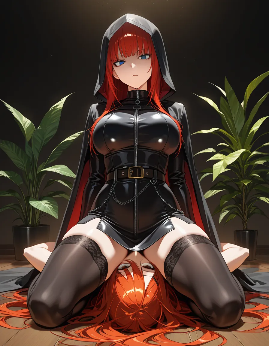 ultra detailed shading, 2girls, black thighhighs, belt, facesitting, plant, dominant stare, detailed shading, hentai_studio_quality