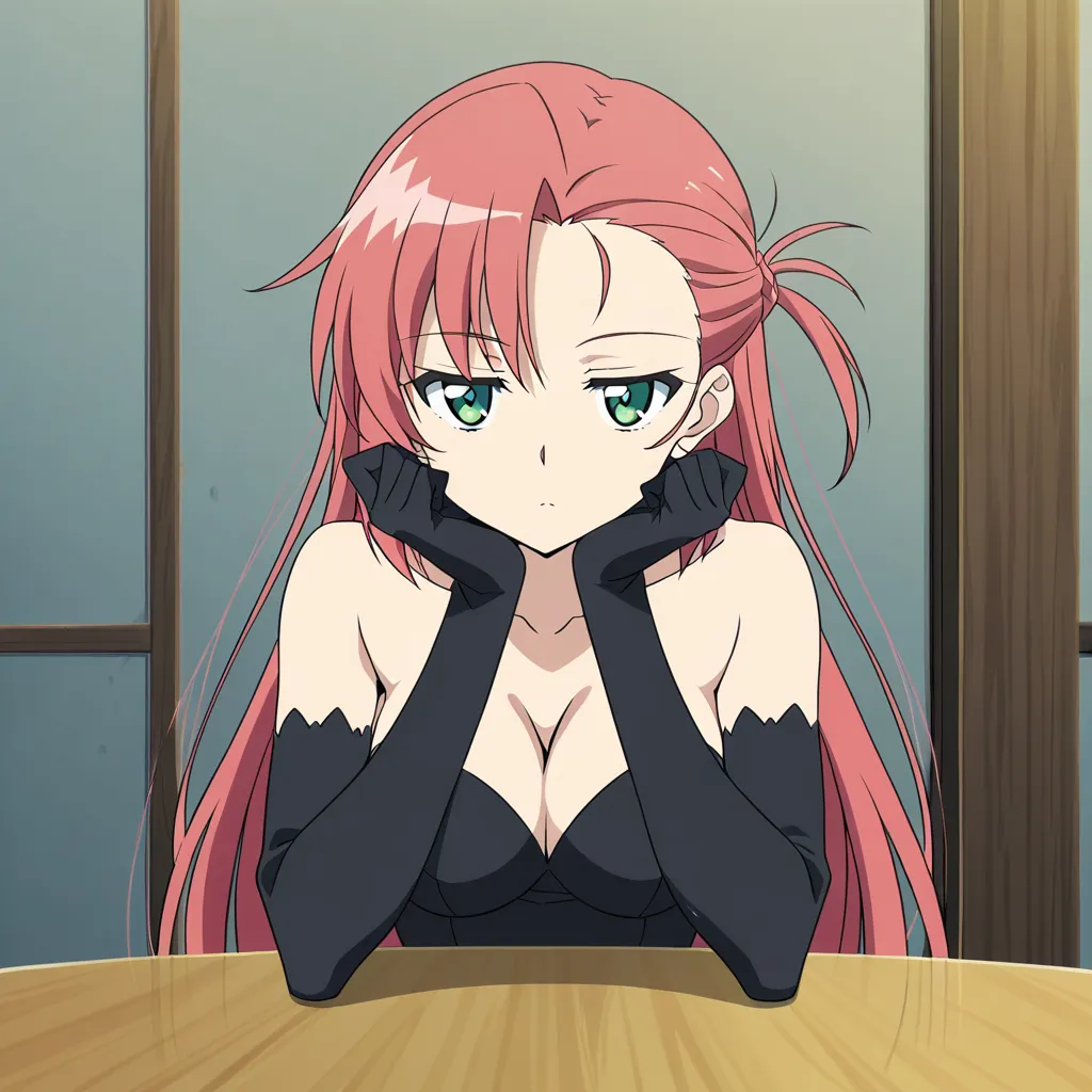 ultra detailed, 2 Neko girls, breasts, elbow gloves, hair pull, table, visual novel art