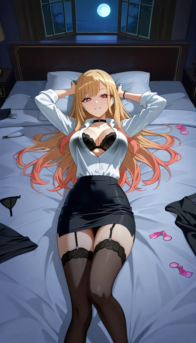 @kitagawa_marin ,18+ , hourglass figure, perfect figure,tight waist, office suit, pencil skirt, black stokings, garter belt, open white blouse , black bra,  lying on back,on luxury bed  in dark bedroom,spread_legs , night, night moon soft smooth dim light right side from window. one condom holding in head. top view., seductive smile, no panties, after sex, cum_in_pussy, hentai_studio_quality, hentai_studio_quality