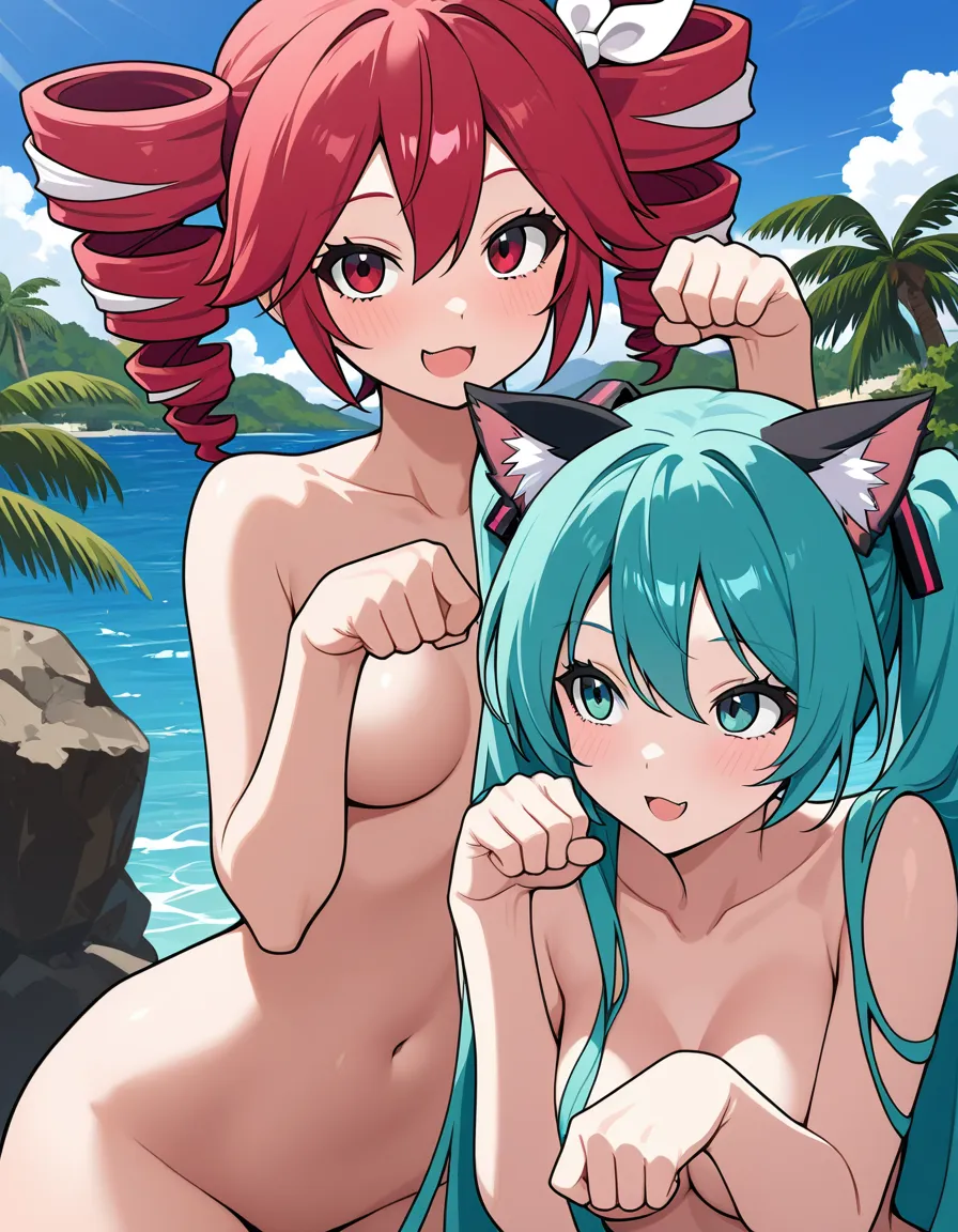 Hatsune Miku, kasane Teto, two girls, yuri, vivid, catgirl, nyah pose, nude, hair bow, day, vivid, paw pose,manime colors, hentai_studio_quality