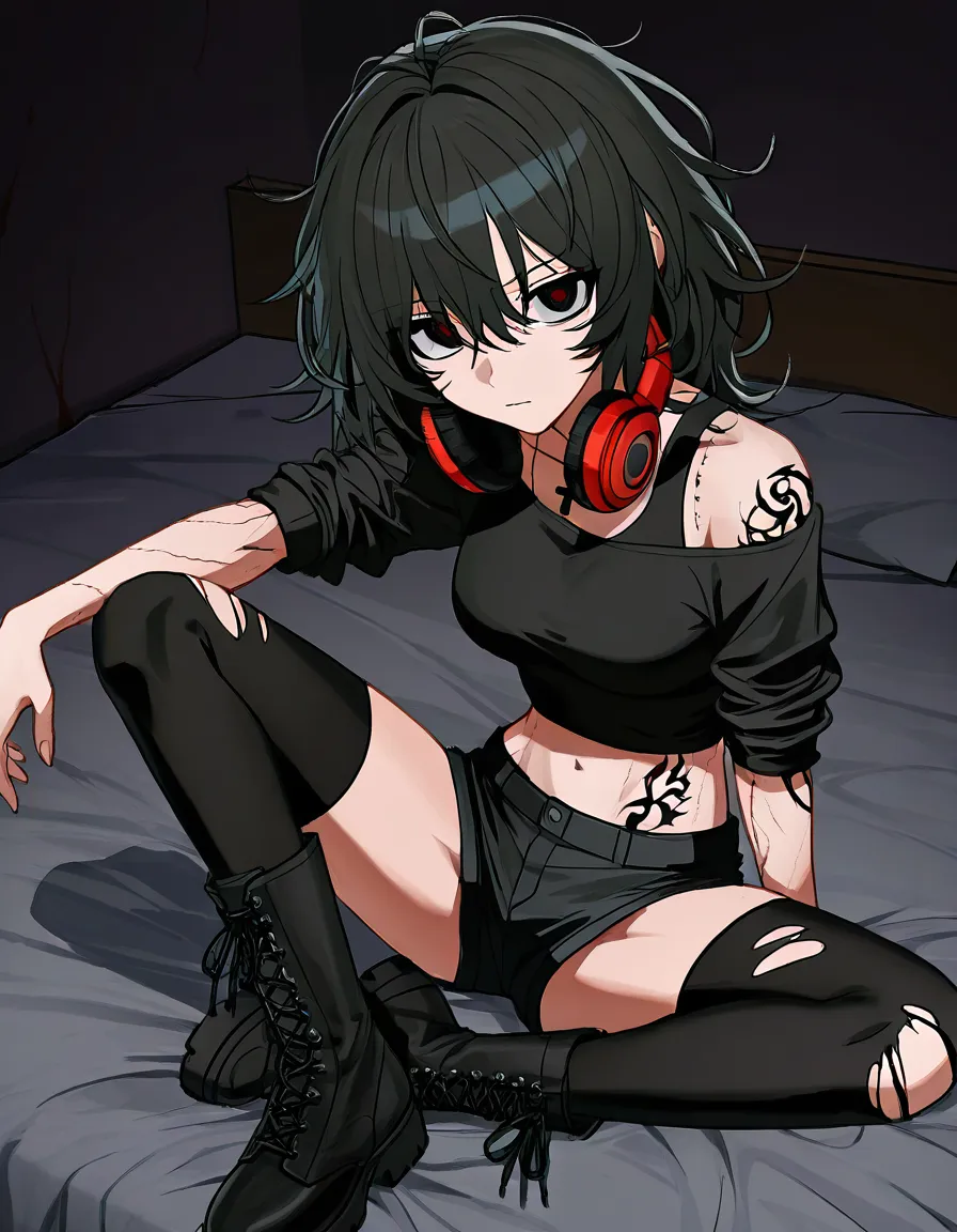 wiry alt girl with messy black crop top pushed up, dark messy hair, big dark eyes looking straight at viewer, over-ear headphones around her neck, visible tattoos crawling up both arms — crimson and black ink, floral and jagged lines. sheer black thigh-highs ripped at the knee. combat boots kicked off beside her. sitting cross-legged on a messy bed, flush creeping up her cheeks, biting her lower lip. one hand gripping the sheets, the other palm-up like she's waiting for someone to take it. wetness visible through soaked-through black lace panties. dim neon glow behind her, red and purple. expression: desperate, feral, holding back., hentai_studio_quality