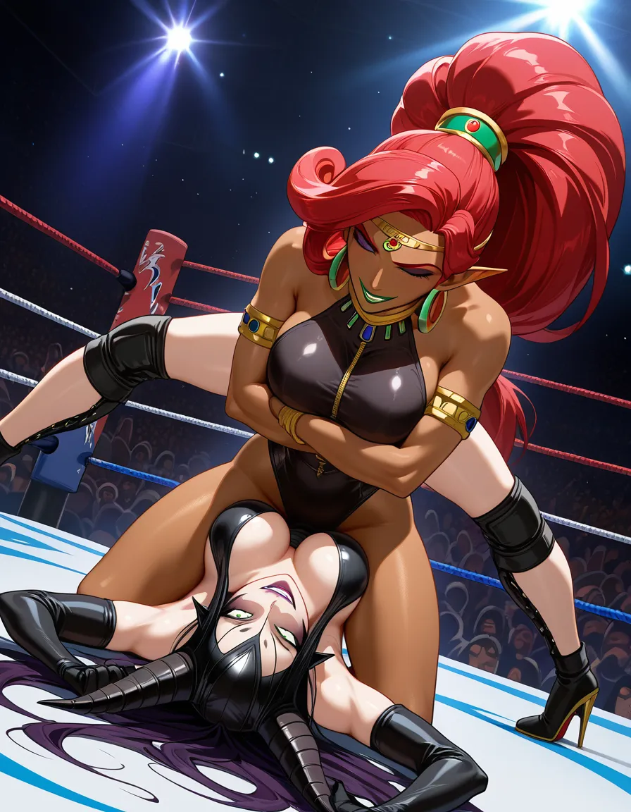 2girls , maleficent evil_smile ,  urbosa crying_on_floor , wrestling_ring,, hentai_studio_quality, hentai_studio_quality