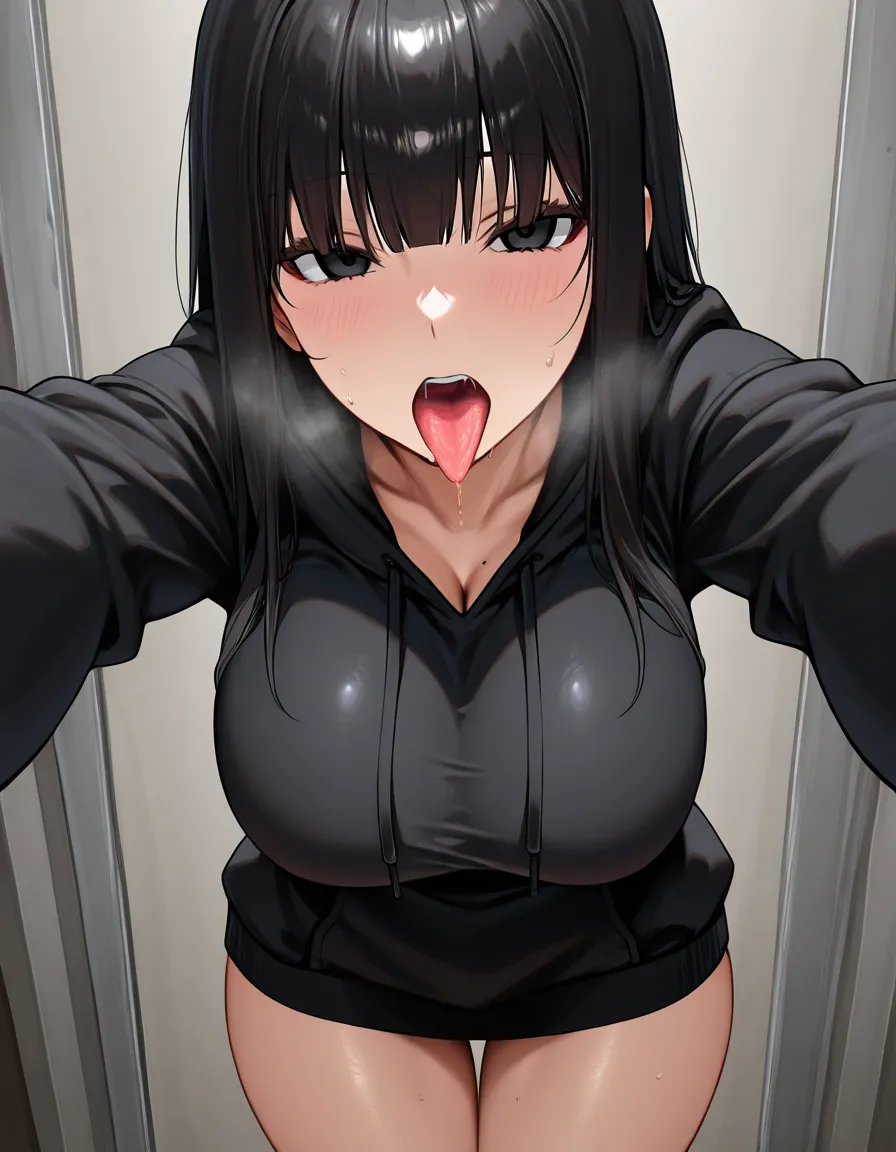 1girl black_hair black eyes Straight hair black_hoodie huge_breasts The thighs, no drooling Without pants, hentai_studio_quality Long sleeves Red face hot Open the mouth and vigourously remove the tongue Hot breath, hentai_studio_quality, hentai_studio_quality