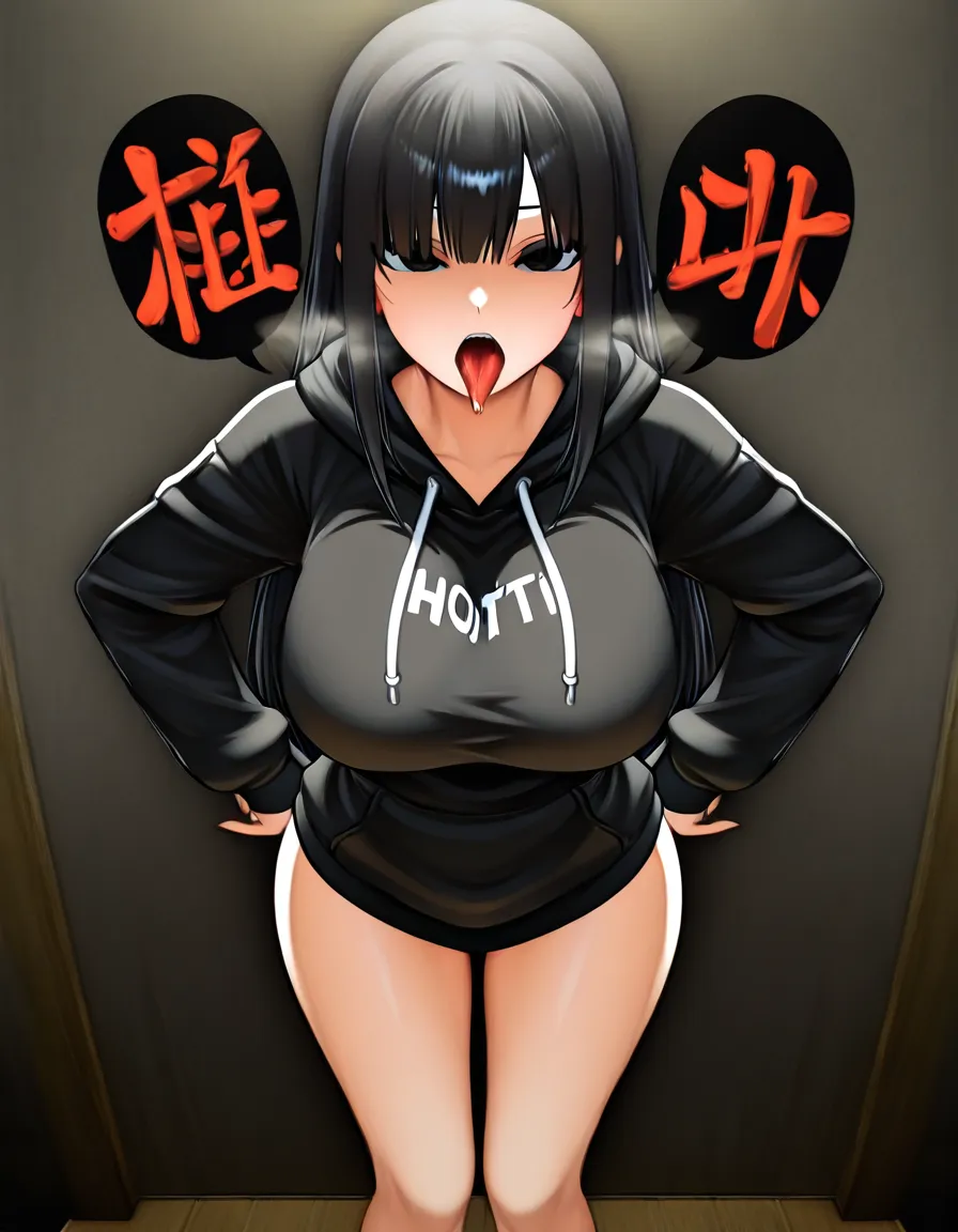 1girl black_hair black eyes Straight hair black_hoodie huge_breasts The thighs, no drooling Without pants, hentai_studio_quality Long sleeves Red face hot Open the mouth and vigourously remove the tongue Hot breath, hentai_studio_quality The phrase hentai is written on the hoodie surrounded by red, hentai_studio_quality