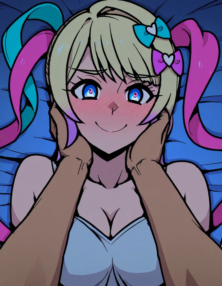 @chouzetsusaikawa_tenshi-chan, 1girl, embarrassed, smile, akairiot_artstyle, blush, pov, lying, on_back, on_bed, (anime style:1.3), 2d, anime screencap, cel shading, flat color, @00osamio00