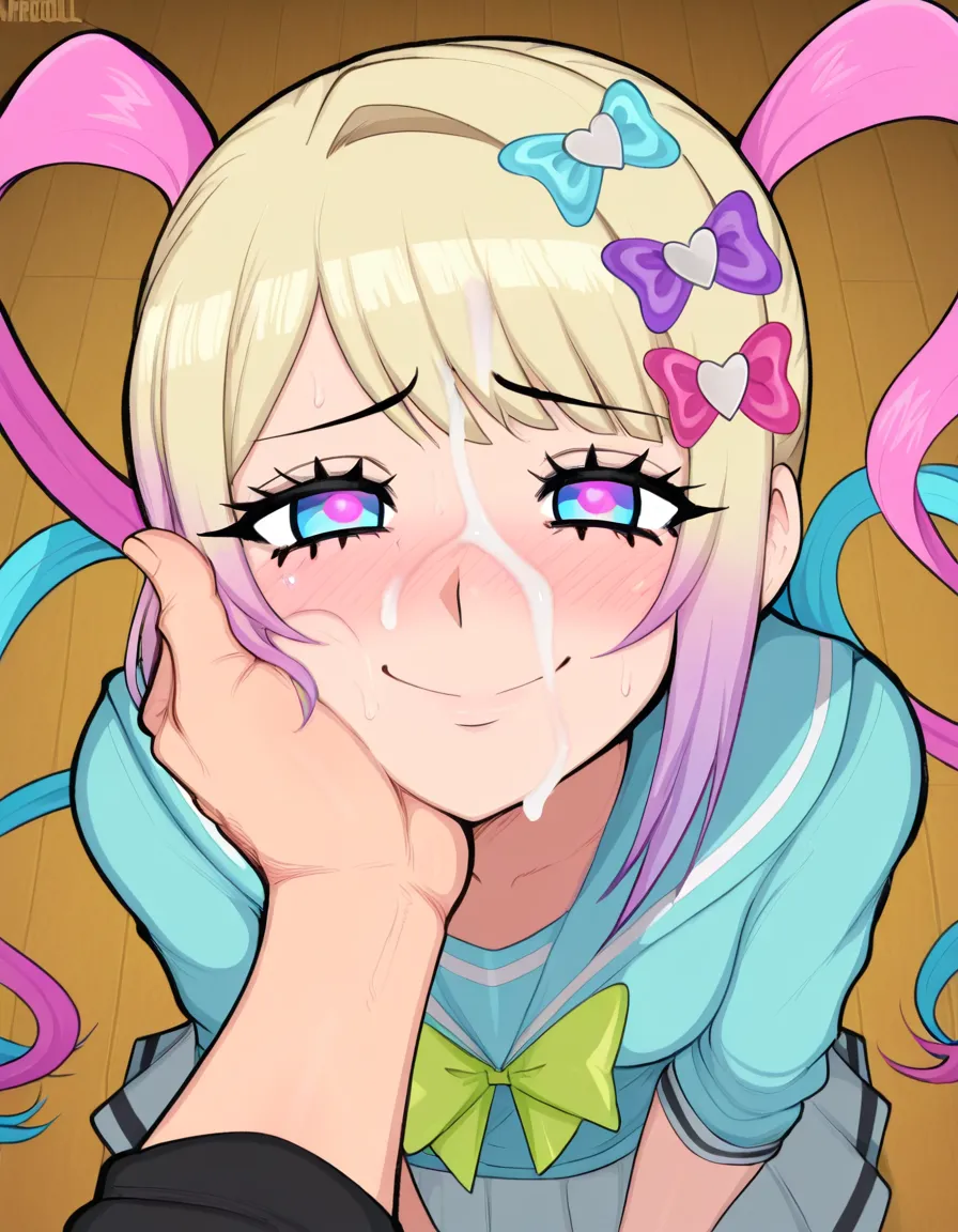 @chouzetsusaikawa_tenshi-chan, 1girl, smile, afrobull_artstyle, blush, pov, cum, facial, embarrassed, (anime style:1.3), 2d, anime screencap, cel shading, flat color, @00osamio00