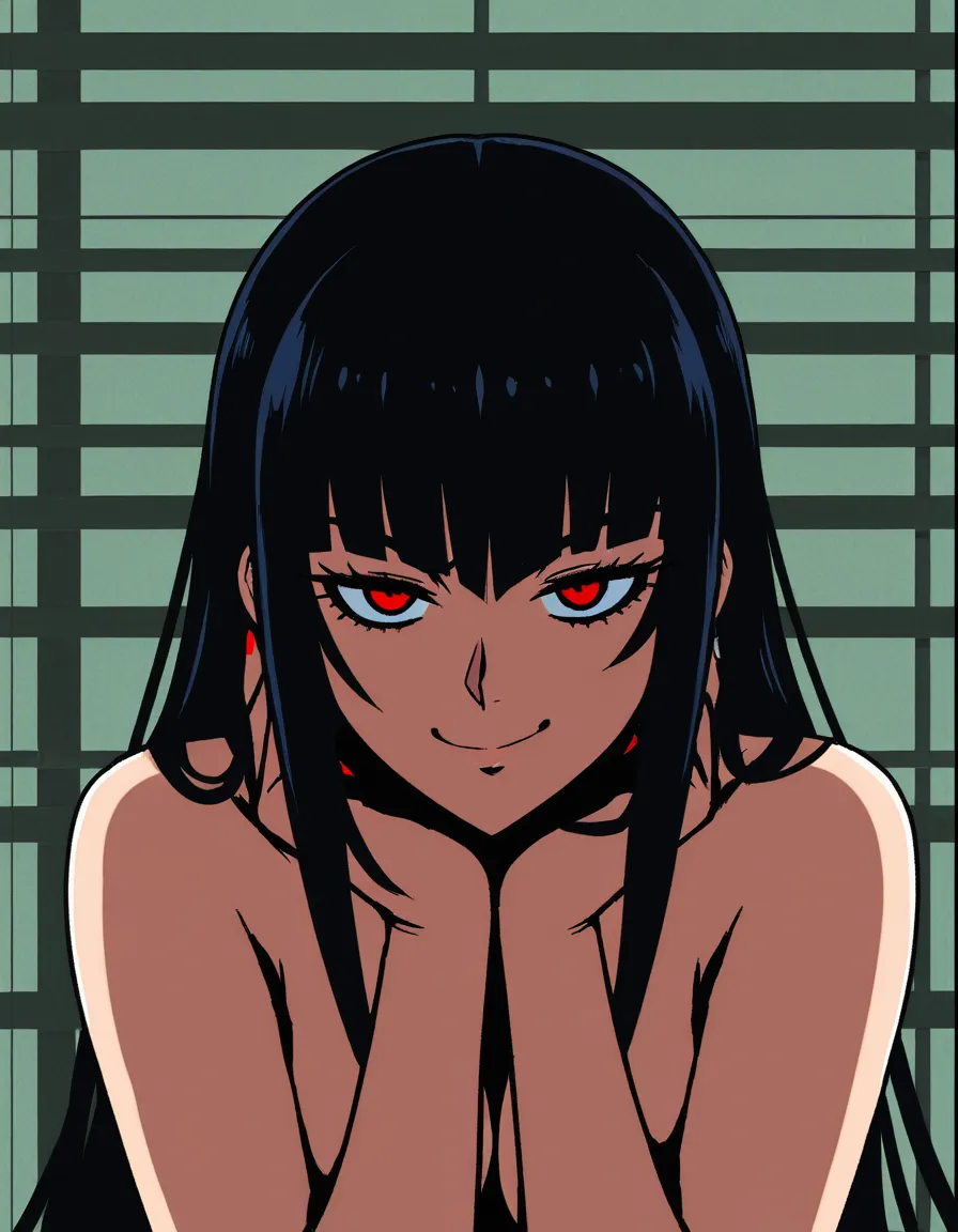 @celestia_ludenberg, akairiot_artstyle, black_hair, red_eyes, hair_down, nude, smug, red_nails, looking_at_viewer, full_body, 1girl, solo, (anime style:1.3), 2d, anime screencap, cel shading, flat color, @00osamio00