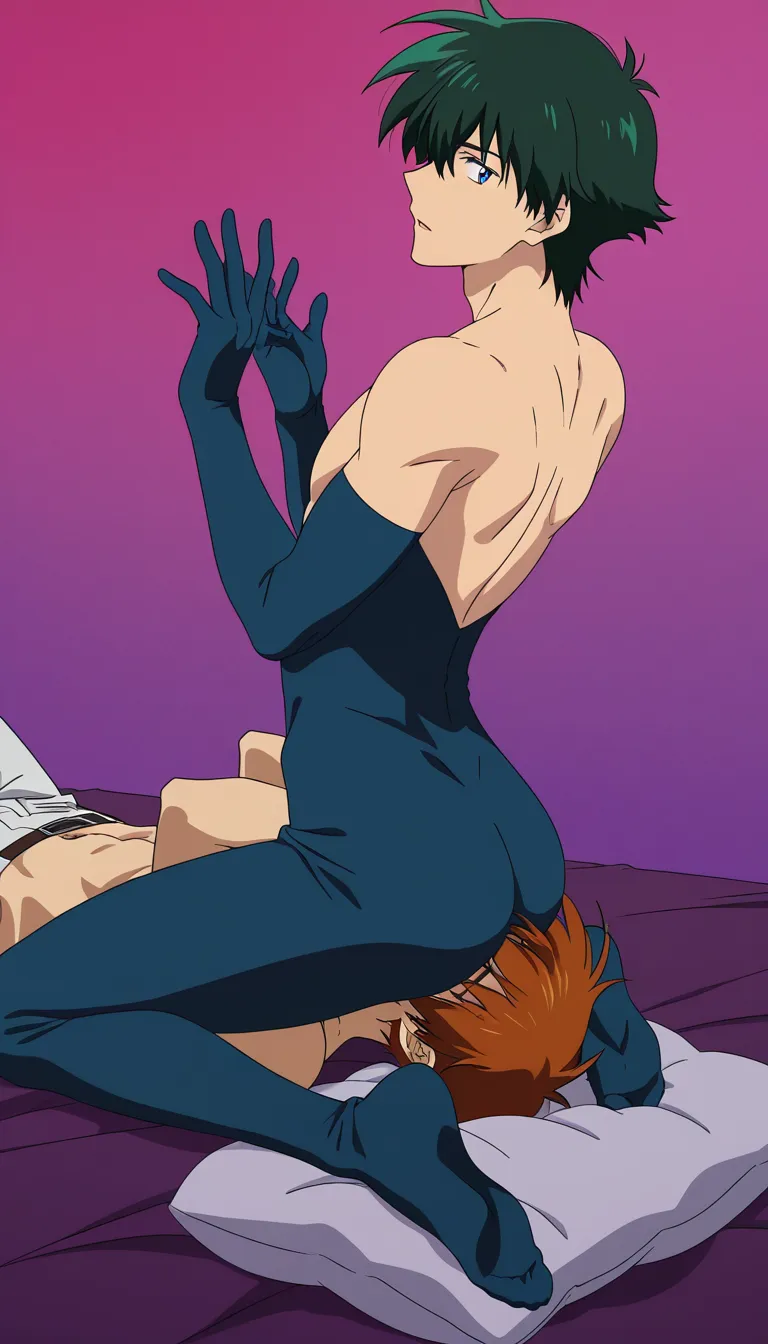 highres, vivid, male focus, hands up, elbow gloves, facesitting, pillow, vivid anime colors, (anime style:1.3), 2d, anime screencap, cel shading, flat color