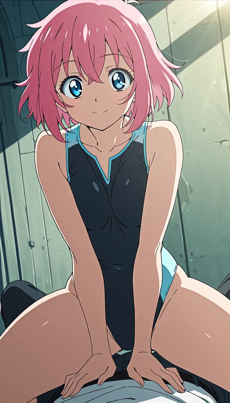 highly detailed, sharp, solo female, straddling, thick thighs, pink hair, sunlight, detailed shading