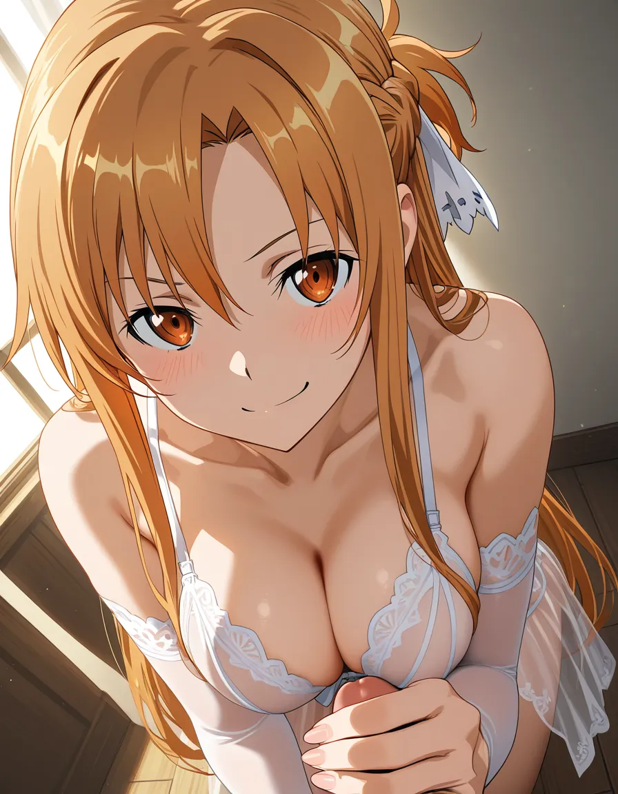 asuna yuuki from sword art online looking_at_viewer bridal lingerie while giving one hand handjob looking smug, hentai_studio_quality