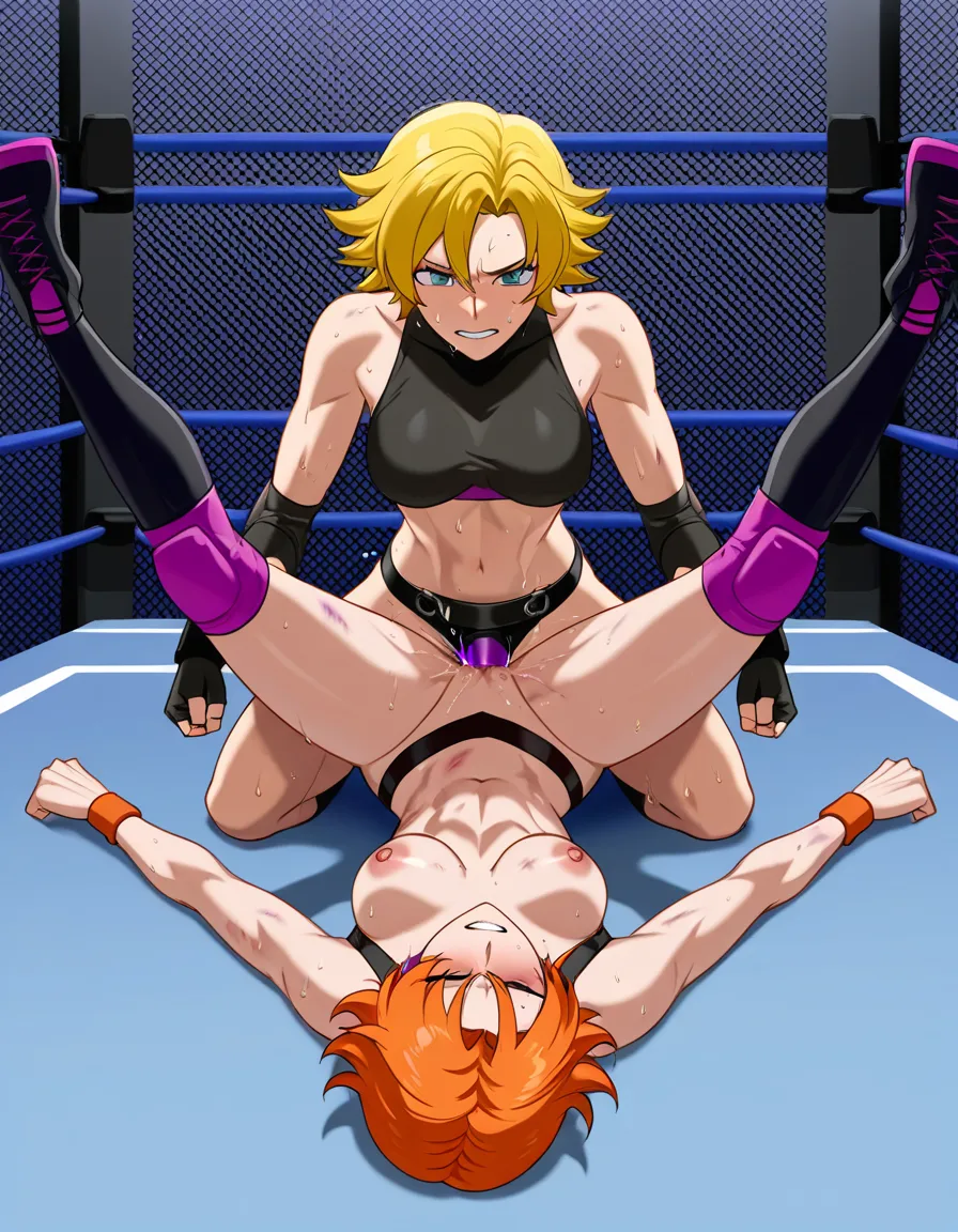 @sailor_uranus_blonde_hair short_hair , nora_valkyrie_(rwby)_orange_hair short_hair , 2girls yuri sex , wrestling_ring, wrestling orgasm pussy_juice, defeated, squirting , bruised, sweat from_side strap-on vaginal missionary, legs_up, hentai_studio_quality, hentai_studio_quality, hentai_studio_quality