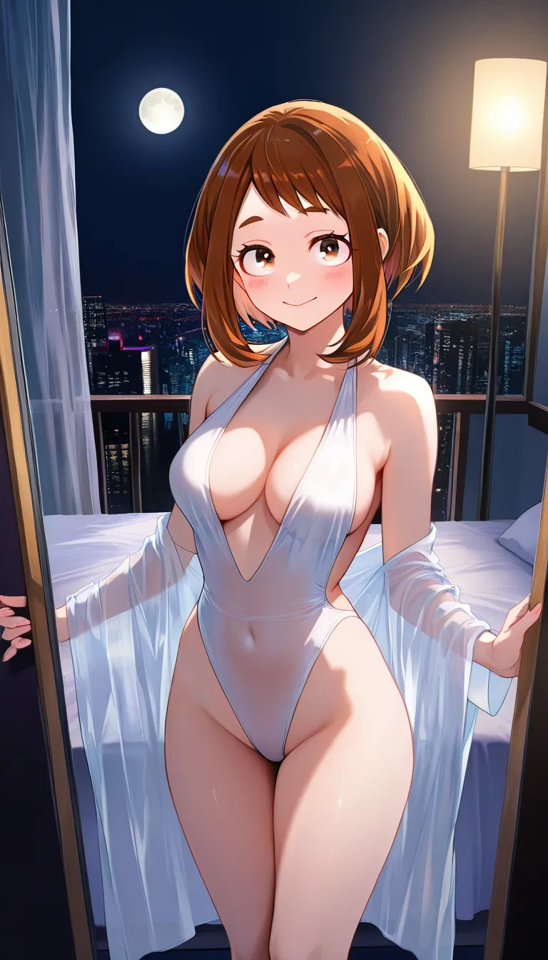 @uraraka_ochaco,18+ , brown_hair , short_hair, perfect body, medium_breasts , (black backless open sides nylon see-through swimsuit: 1.0), volumetric light, night, night moon soft smooth dim light, seductive smile, standing in the bedroom, legs_together, background bedroom with big Panoramic window with pool outside, belly filled with cum, excessive cum in belly , excessive cum inside belly, belly x-ray, hentai_studio_quality