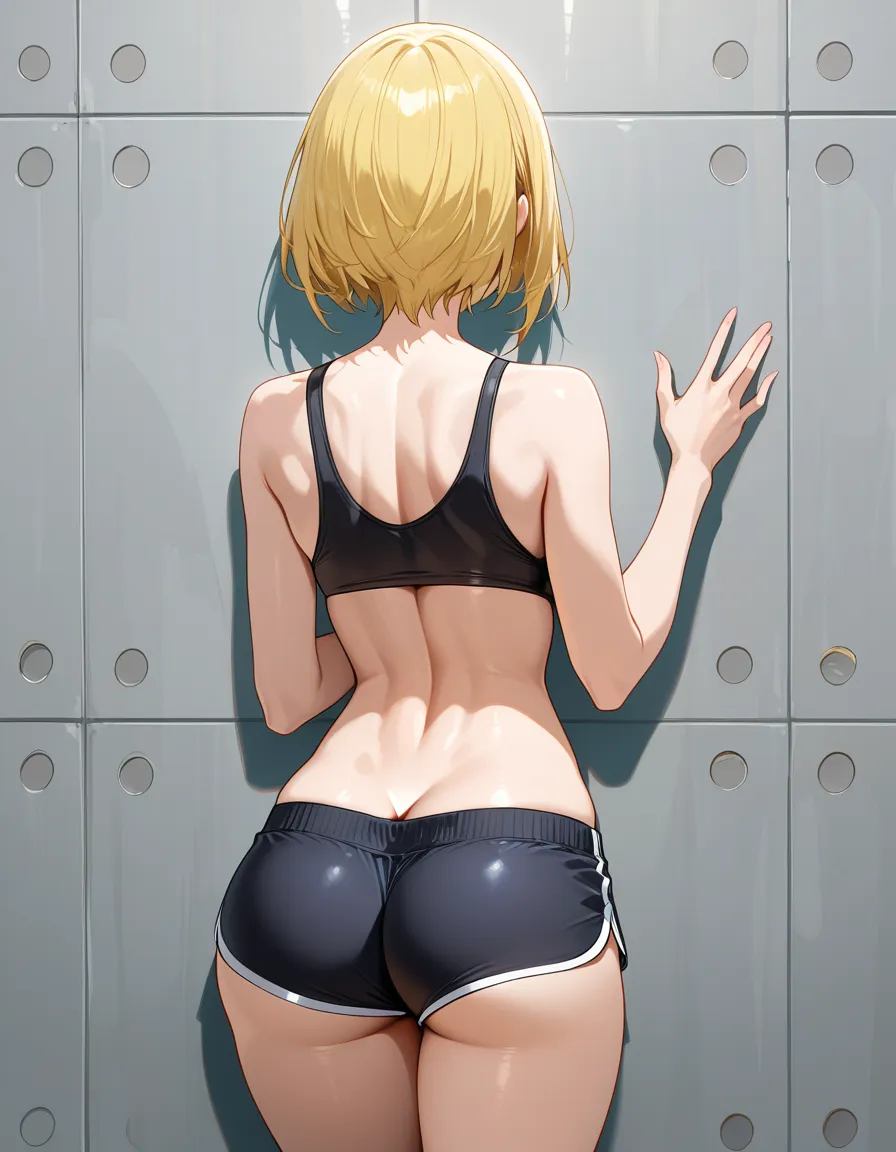 short_hair, blonde_hair, dolphin_shorts, ass, facing_away, butt_crack ,, hentai_studio_quality