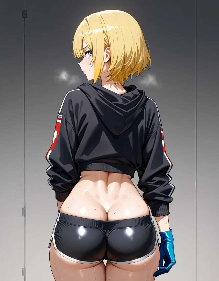 dolphin_shorts, black_hoodie, blue_medical_gloves, facing_viewer, large_ass, butt_crack, blonde_hair, short_hair , sweat, hentai_studio_quality