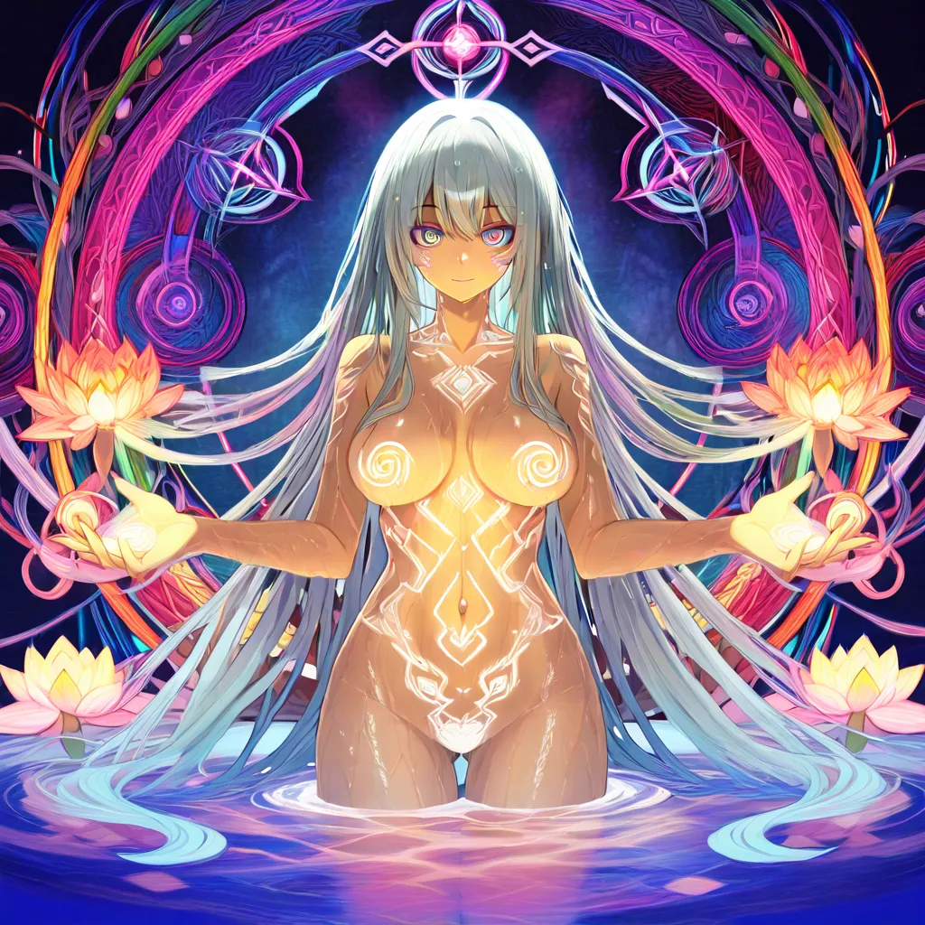 A nude goddess figure half-submerged in a pool of liquid light, body arched sensuously as multicolored psychedelic waves of energy cascade over her curves. Her skin shimmers with oil-slick rainbows and tiny fractal scales. Long wet hair floats around her like living neon tendrils. Background explodes with sacred geometry, blooming lotus mandalas, and infinite mirror reflections. Dramatic side lighting, wet skin reflections, highly detailed anatomy, erotic yet elegant, vibrant color grading, Instagram feed showstopper., (anime style:1.3), 2d, anime screencap, cel shading, flat color, @00osamio00