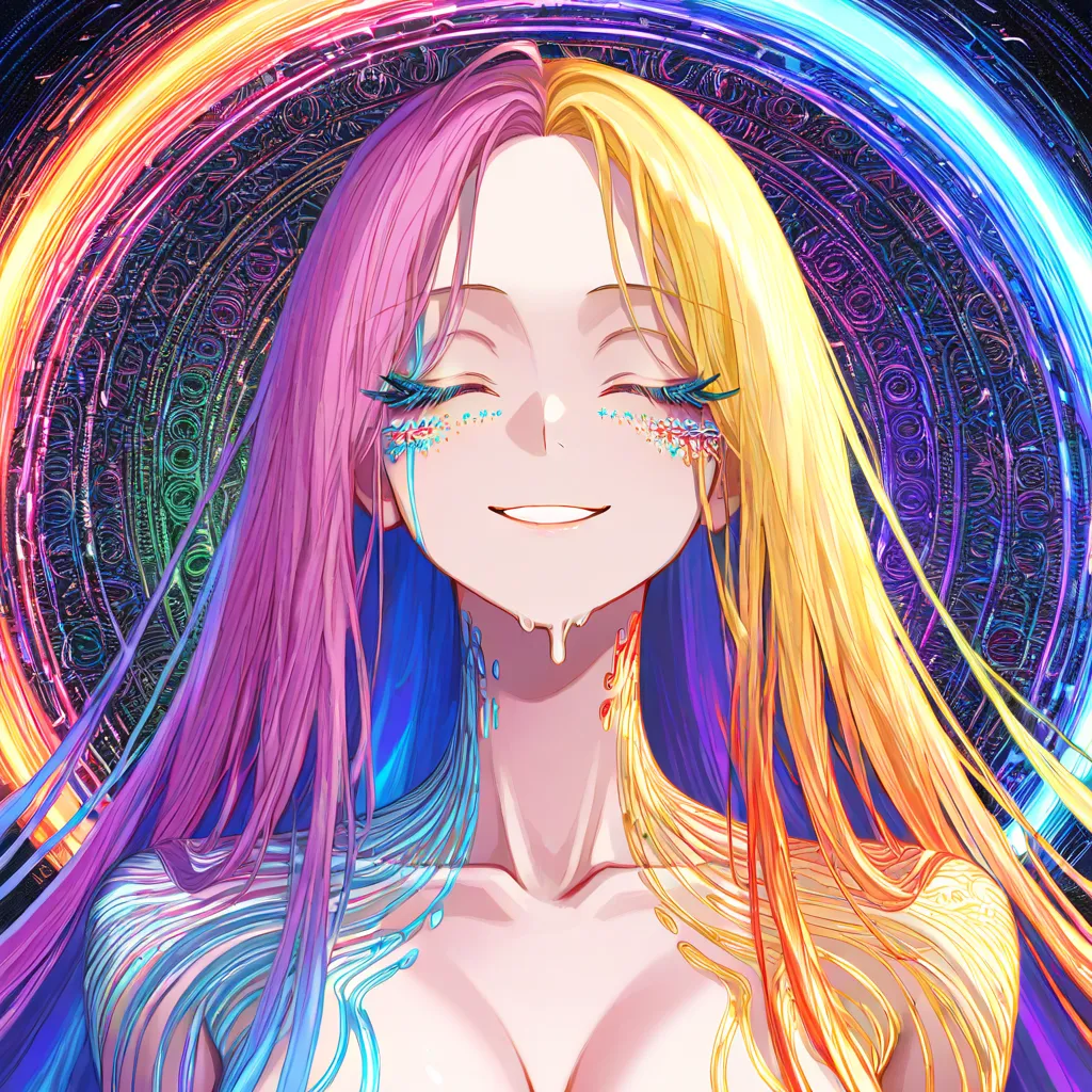 Half-length portrait of a woman with closed eyes and a soft, inviting smile, her face illuminated by shifting psychedelic light projections. Geometric rainbow patterns crawl across her cheekbones and collarbones like living tattoos. Sheer fabric clings to her shoulders and chest, translucent and melting at the edges into pure color. Soft bloom, luminous skin, detailed eyelash and lip texture, intense color harmony of magenta–teal–gold, ethereal and hypnotically seductive, ultra-high resolution., (anime style:1.3), 2d, anime screencap, cel shading, flat color, @00osamio00