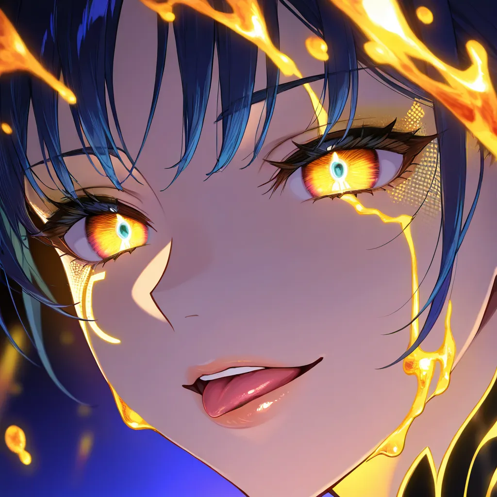 Extreme close-up of glossy lips and lower face, tongue gently touching the upper lip, while the background and surrounding skin dissolve into infinite kaleidoscopic patterns of neon pink, electric blue, and molten gold. Tiny reflective droplets on the skin catch the light. Hyper-detailed lip texture and wetness, shallow depth of field, intense color saturation, soft bokeh of fractal lights, intimate and highly seductive, perfect for Instagram story or feed., (anime style:1.3), 2d, anime screencap, cel shading, flat color, @00osamio00