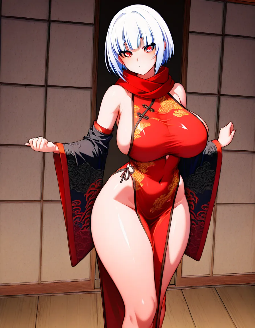 فتاة واحده, hentai_studio_quality short_hair white_hair _full_body huge_breasts, hentai_studio_quality on_stomach closed_mouth Red scarf china_dress Separate wide sleeves, hentai_studio_quality Huge thighs red_eyes red dress, hentai style, hentai_studio_quality