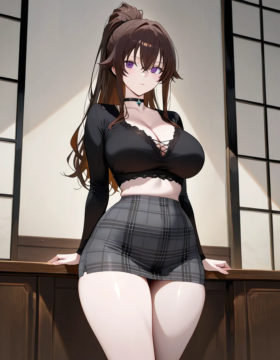 Sol, beautiful 20 year old anime girl, long messy dark brown hair in high ponytail, large purple eyes, soft pale skin, black heart choker, very large heavy breasts, slim waist, wide hips, thick thighs, round plump ass, wearing tight black long-sleeve crop top with deep lace-up cleavage, extremely short black and grey plaid mini skirt hiked up to her waist, black thigh-high stockings, black platform combat boots, lying on bed with legs spread wide, missionary position, deep penetration, detailed wet pussy, pussy juice, heavy blush, half-lidded teary eyes, soft ahegao, open mouth, looking directly at viewer with intimate eye contact, sweaty skin, messy hair, highly detailed face, realistic anime style, soft lighting, detailed skin texture, hentai_studio_quality