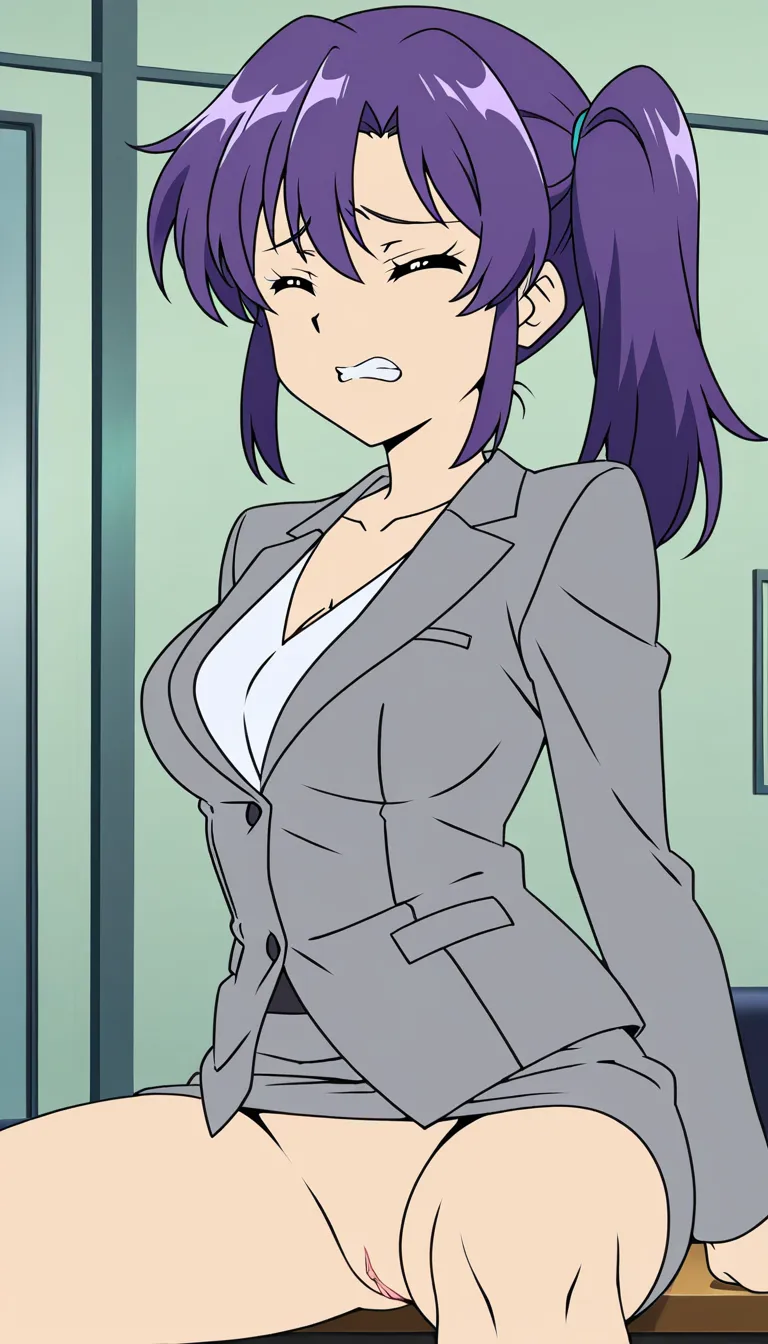 from_side, indoors, office_lady, purple_hair, medium_hair, side_ponytail, double-parted_bangs, medium_breasts, pussy, desk, orgasm, raised_eyebrows, clenched_teeth, sitting, leaning_back, spread_legs, sex, clothed_sex, standing_sex, vaginal