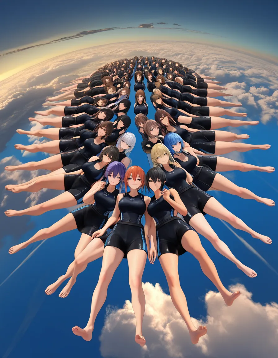 ultra detailed shading, 6+girls, spread legs, bare legs, cloud, visual novel art, score_9, score_8, 3d render, octane render, subsurface scattering, ray tracing, smooth shading