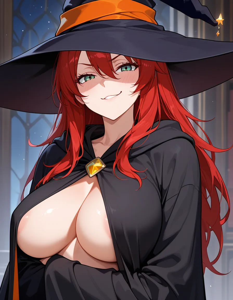 Hogwarts_student, witch_hat, breasts_out, smug, hentai_studio_quality