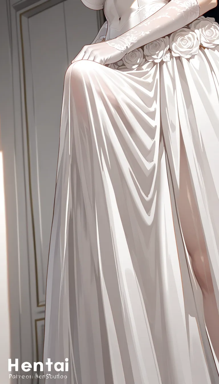 Hentai, futanari, long white wedding_dress, erection_under_clothes