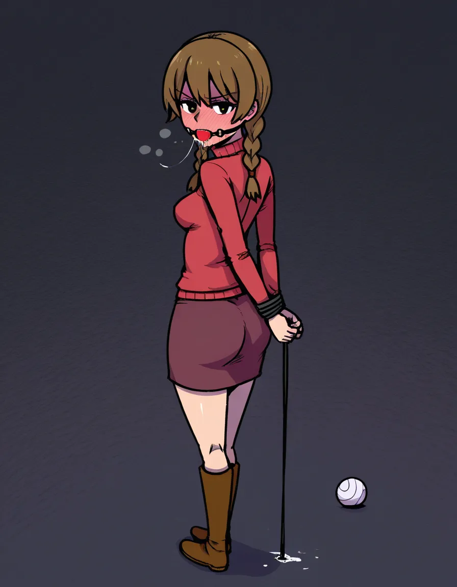 #akairiot_artstyle, @madotsuki, yume_nikki, 1girl, solo, aged_up, medium_breasts, ass, full-face_blush, serious, twin_braids, sweater, skirt, arms_behind_back, bound_wrists, ball_gag, saliva, drooling, standing, full_body, from_side, hentai_studio_quality