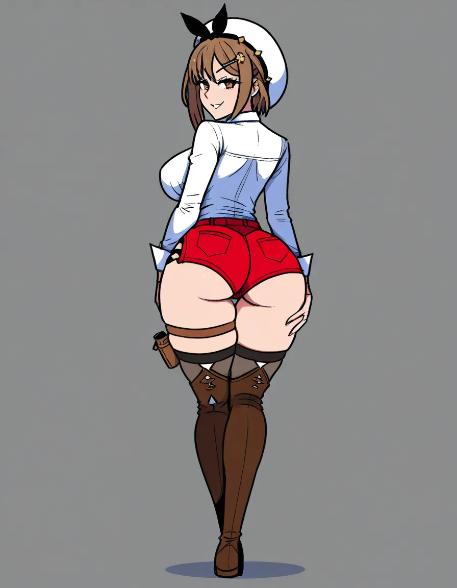 #akairiot_artstyle, @reisalin_stout, 1girl, solo, naughty_face, large_breasts, white_shirt, collared_shirt, short_shorts, red_shorts, ass, thigh_strap, thighhighs, full_body, standing, looking_back, from_behind, hentai_studio_quality