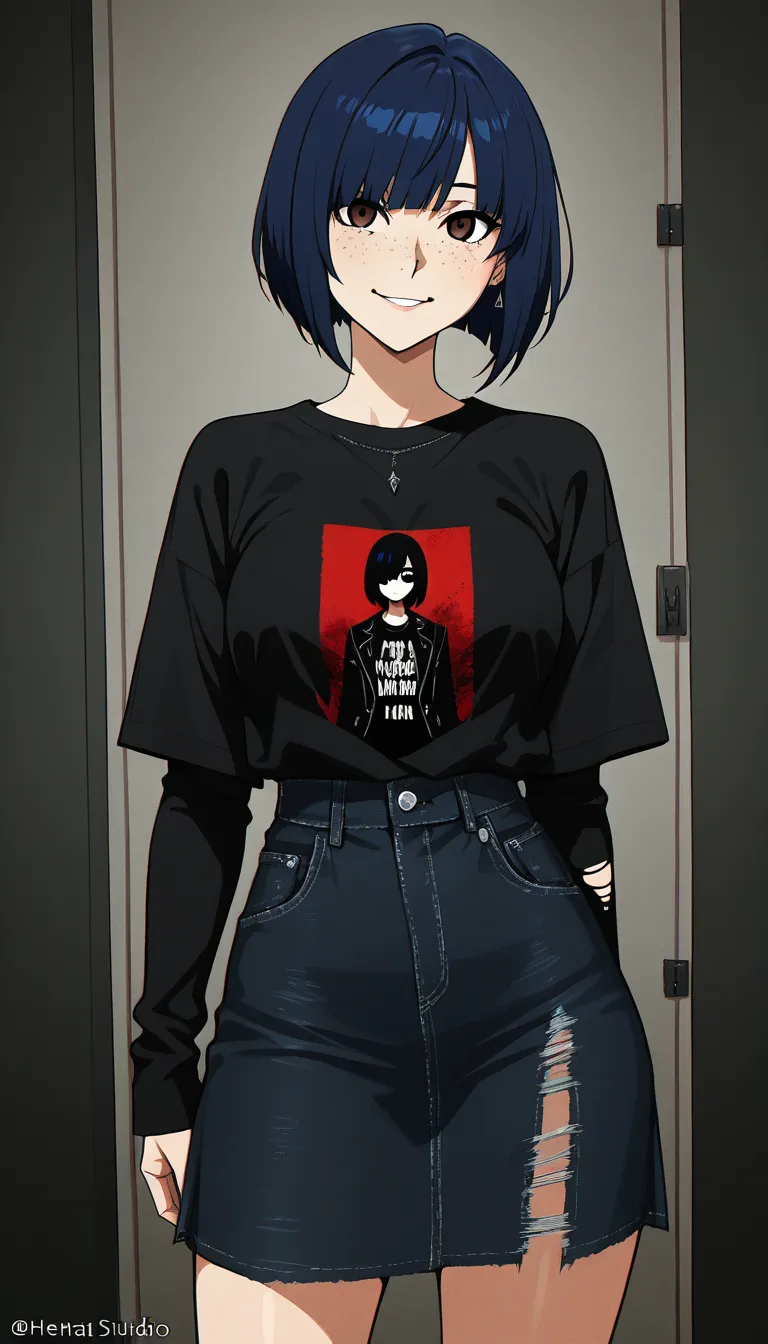 An anime-style illustration of an attractive 20-year-old woman with a curvy, full-figured body. She has short, dark-blue hair in a bob cut, delicate freckles, large brown eyes, and a gentle smile. She is dressed in an "emo" style: a long-sleeved, torn, black-and-gray striped top that leaves her breasts exposed; tight black jeans with a rip in the crotch area; a black choker with a heart pendant; fingerless gloves; and subtle, dark-toned accessories. 
She is sitting on a chair with her legs spread, masturbating with a dildo until she reaches climax—a true masterpiece.